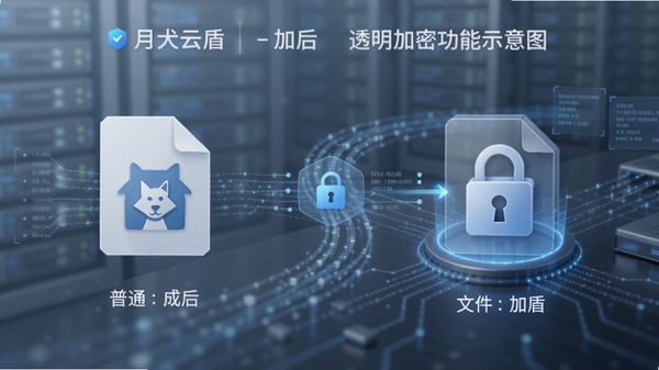 月犬云盾透明加密功能示意图，展示文件在加密前后状态对比，左侧为普通文件图标，右侧为带锁加密图标，背景为数据流动的科技感画面，色彩以蓝灰为主，体现加密过程的自动化与安全性