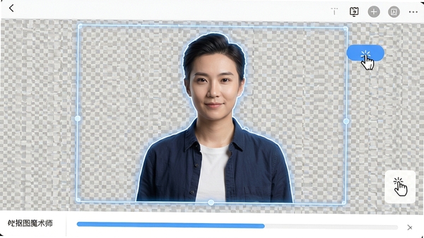 AI抠图魔术师一键智能识别操作演示，鼠标点击按钮，图片中的人物主体被高亮选中，背景变为透明网格，边缘处理精细，界面显示处理进度条，整体视觉清晰直观