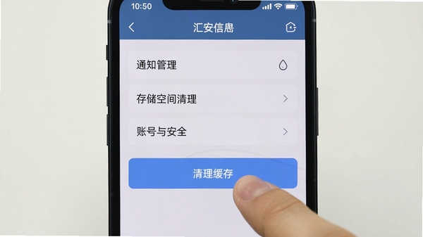 手机操作界面截图,展示汇安信App的设置页面,包含通知管理、存储空间清理、账号与安全等选项,背景为智能手机的屏幕,手指正在点击“清理缓存”按钮,画面清晰,突出操作指导的实用性。