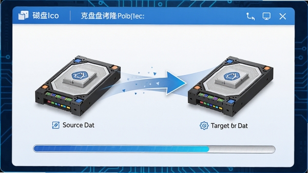 易我磁盘拷贝磁盘克隆过程示意图，显示源硬盘与目标硬盘之间的数据传输动画，克隆进度条清晰可见，界面以蓝色和白色为主，科技感与专业感并重