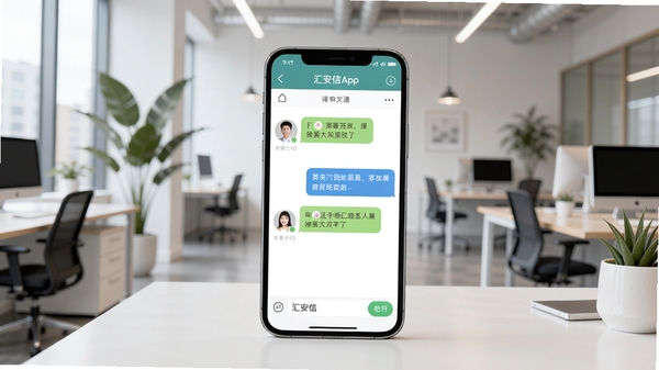 一个现代简约风格的办公场景,画面中央有一部智能手机,屏幕上是汇安信App的聊天界面,显示着清晰的头像和消息气泡,背景是虚化的现代办公室,有绿植和自然光,整体色调明亮清新,突出高效沟通与协作的氛围。