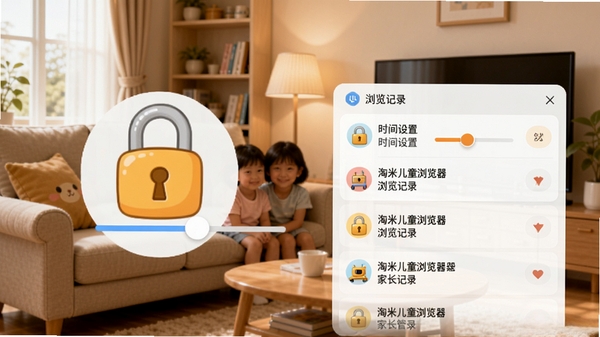 淘米儿童浏览器家长管控界面预览，显示时间设置滑块和浏览记录列表，界面简洁清晰，带有卡通风格的锁头图标，背景为温馨的客厅场景，体现家庭关怀