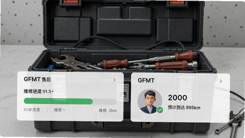 GFMT售后工单界面,显示维修进度条、维修人员头像及预计到达时间,背景为维修工具箱