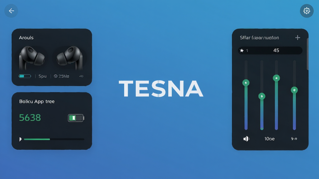 TESNA APP主界面展示，左侧为耳机与充电盒电量卡片，右侧为音效均衡器面板，背景为渐变蓝色，画面中央有醒目的TESNA品牌logo，整体风格简洁现代，符合Boogu模型生成要求
