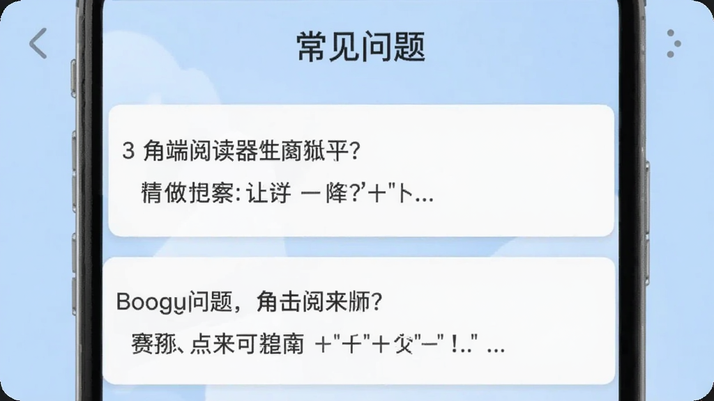 角端阅读器用户问答专区截图,手机屏幕中显示问答界面,顶部有“常见问题”标题,下面列出两个问题与答案,使用卡牌设计,背景为浅蓝色,文字清晰,Boogu生图