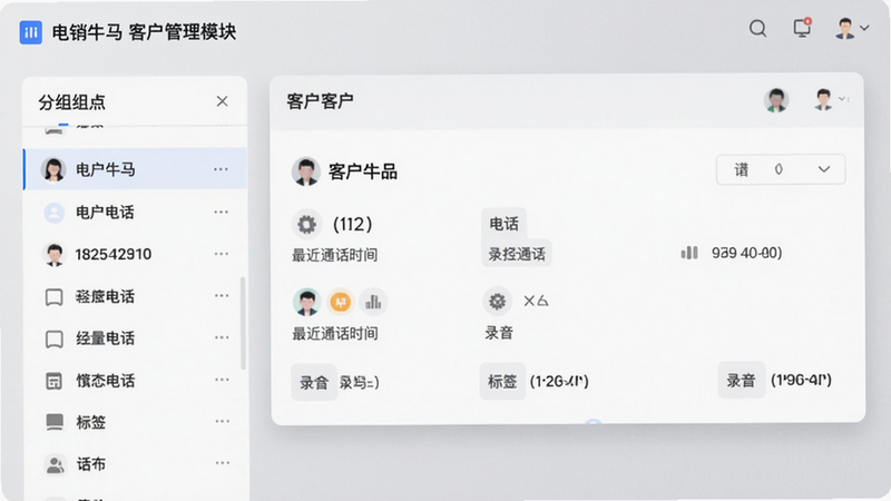 电销牛马客户管理模块界面，展示分组列表与客户卡片详情，包含姓名、电话、标签、最近通话时间与录音图标，背景为浅灰色商务质感，卡片带柔和阴影，整体干净易读