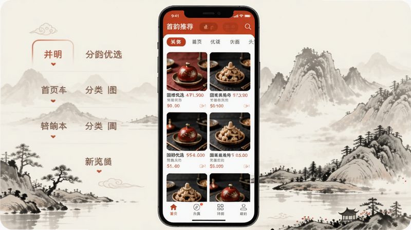 国韵优选App主界面预览图,展示首页推荐商品、分类导航栏及底部菜单,背景为淡雅中国风水墨山水画,整体色调以朱红与米白为主,画面中心突出手机屏幕内的商品瀑布流,细节清晰,适合Boogu模型生成