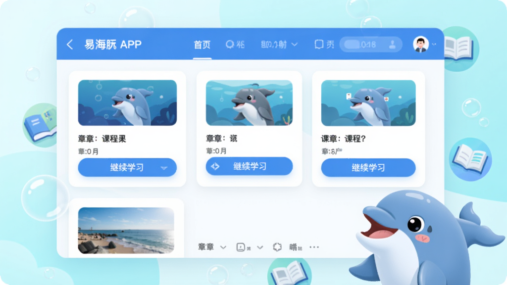 现代扁平UI插画，画面主体(坐标x:0.5,y:0.48)为易海豚APP课程列表页面，蓝色顶部导航栏下排列多张白色课程卡片，卡片上有缩略图、章节数与继续学习按钮，右下角一只卡通海豚助手探头微笑，背景区域(坐标x:0.5,y:0.18)为淡青色渐变并点缀气泡与书本小图标，界面细节清晰，明亮柔和配色