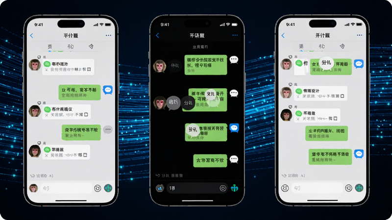 猴子分身稳定双开技术演示，手机屏幕显示三个微信分身同时在线聊天，界面各自独立，背景为流畅的蓝色动态线条，科技感强