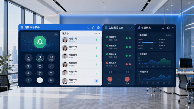 电销牛马软件主界面全景预览图，左侧为智能拨号盘与客户列表，右侧显示实时通话状态与数据看板，背景为现代简约商务办公室，整体采用蓝白科技色调，突出专业高效氛围