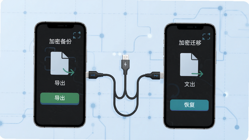 一张示意图,展示两部手机之间通过数据线传输加密备份文件,界面中有“导出”和“恢复”两个按钮,背景为浅蓝色科技感网格,突出安全迁移主题。