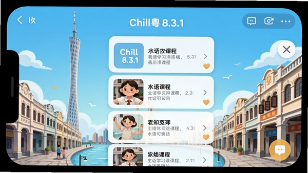 Chill粤 8.3.1版本主界面横屏预览图，画面中心展示粤语学习课程列表，背景为广州塔与骑楼街景插画，整体色调明亮活泼，突出移动端学习应用的友好交互感