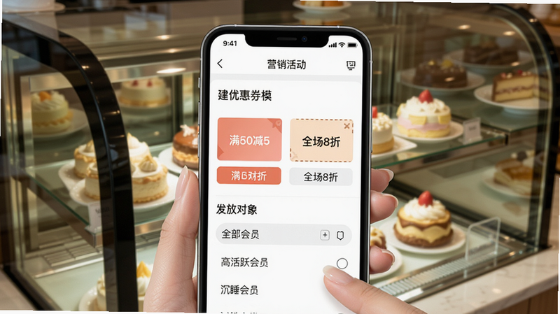 手机界面打开“营销活动”功能，显示一个新建优惠券模板，可选“满50减5”“全场8折”等预设模板，下方有“发放对象”筛选条件，包括全部会员、高活跃会员、沉睡会员等；背景是一个精美的蛋糕柜，暗示餐饮场景。画面清晰展现指尖姐姐商家版的营销模块。