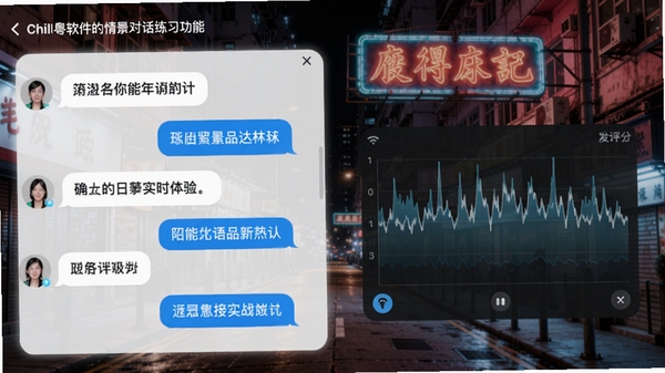 Chill粤软件的情景对话练习功能界面，左侧显示对话气泡，右侧为发音评分波形图，背景为香港霓虹灯街景，强调沉浸式口语实战体验
