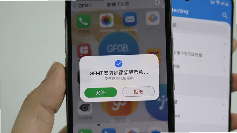 GFMT安装步骤示意,手机屏幕上显示权限请求弹窗,下方有“允许”和“拒绝”按钮,背景为系统设置界面