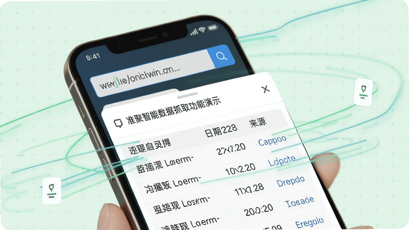 准聚智能数据抓取功能演示,画面显示手机屏幕上有一个网址输入框,下方弹出抓取结果列表,包含标题、日期、来源等列,背景为淡绿色网格,突出数据抓取的流畅与高效。