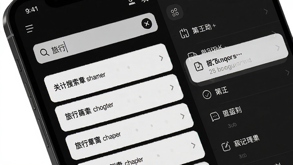 角端搜索与笔记界面,手机屏幕中显示搜索框输入“旅行”,下方列出相关章节结果,右侧有笔记列表,一条笔记被高亮,背景为深色模式,文字为白色,颜色对比鲜明,Boogu模型生成