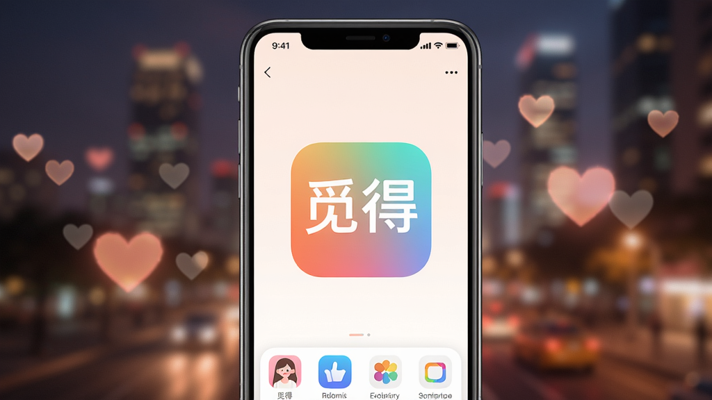 一个手机屏幕显示觅得App主界面，中央有'觅得'彩色logo，背景是朦胧的城市夜景，点缀心形光点，整体风格温馨浪漫，高清竖屏