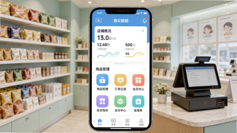 画面中央展示一部手机屏幕，屏幕内显示指尖姐姐商家版主界面，上方有“店铺概况”数据卡片，下方排列商品管理、订单记录、会员中心等彩色图标；背景是模糊的实体店铺环境，货架或收银台隐约可见。整体风格明亮清新，突出移动端管理便捷性，适配Boogu模型生成。