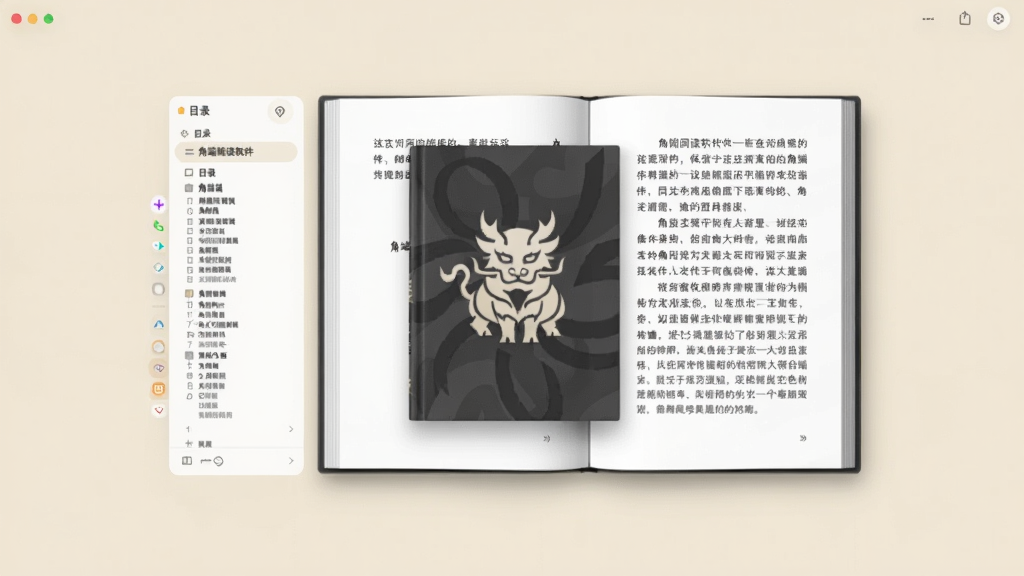 角端阅读软件主界面展示,浅色背景,一本摊开的电子书悬浮在屏幕中央,左侧有目录列表,右侧显示正文,整体风格简洁干净,色调柔和,背景为淡米色,书籍封面带有角端神兽的抽象图标,适配Boogu模型生成