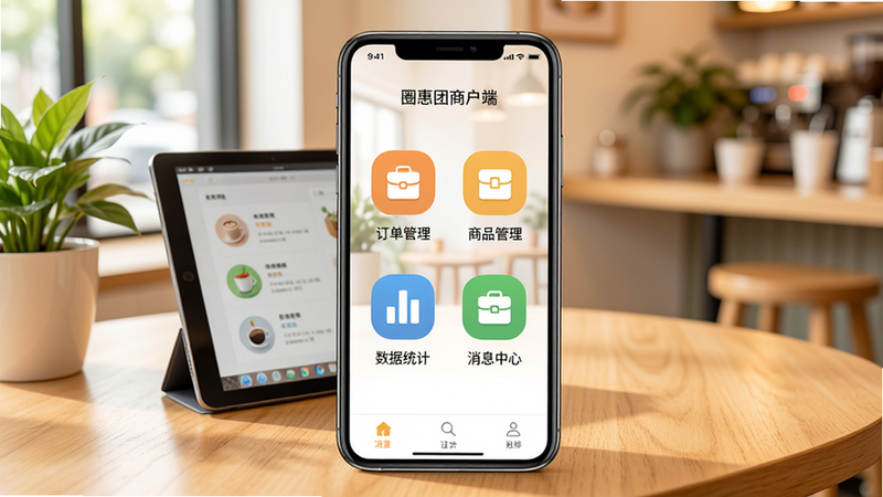 圈惠团商户端主界面展示，手机屏幕居中显示订单管理、商品管理、数据统计、消息中心四个核心功能图标，背景为干净明亮的咖啡厅环境，桌面摆放平板电脑和绿植，整体色调温暖清新，画面清晰聚焦
