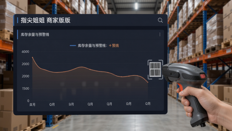 指尖姐姐商家版库存看板,图表展示库存余量与预警线,背景是仓库货架与扫码枪,整体色彩稳重专业