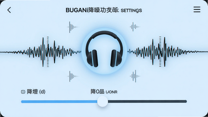 BUGANi降噪功能设置页面，耳机图标周围显示噪声波形，滑块调节降噪等级，背景为淡蓝色，图标带发光效果