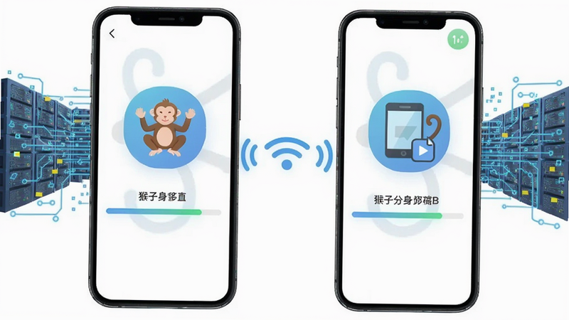 猴子分身数据迁移过程，两部手机之间通过Wi-Fi传输数据图标，界面显示迁移进度条，背景为数据流动的科技感图案