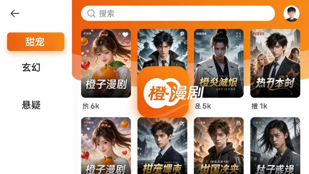 橙子漫剧APP主界面展示，左侧分类栏有“甜宠”“玄幻”“悬疑”等标签，右侧是热门漫剧封面网格布局，顶部搜索框和用户头像，整体使用橙色与白色渐变背景，画面居中突出“橙子漫剧”logo，风格现代简约，适合应用商店宣传图。