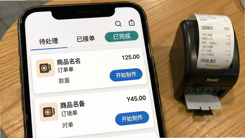 一张手机截图显示订单列表，顶部有“待处理”“已接单”“已完成”三个标签页，当前选中“待处理”页面，订单卡片包含商品名、数量、下单时间和“开始制作”按钮；背景为木质桌面，一侧放有热敏小票打印机。画面传递快捷、高效的核销体验。