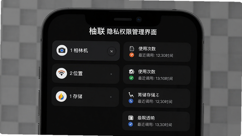 柚联隐私权限管理界面，展示一个手机屏幕，左侧列出相机、位置、存储等权限，右侧显示每个权限的使用次数与最近调用时间，整体界面为深色模式，字体白色，突出安全透明。背景为模糊的灰色网格。