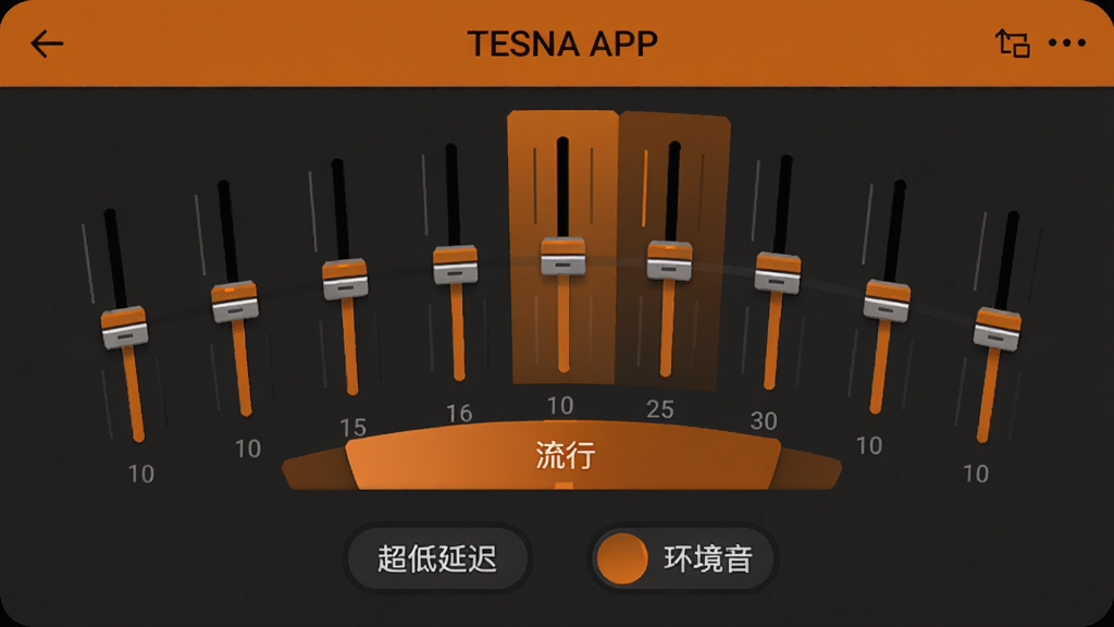 TESNA APP音效调节界面，10段均衡器滑块呈弧形排列，当前选中“流行”预设，下方有“超低延迟”和“环境音”两个虚拟开关，整体配色为橙色与深灰，画面聚焦于滑块细节