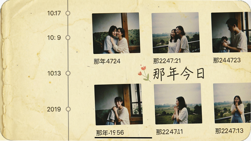 一张手机屏幕截图显示时光轴界面,左侧有竖线时间轴,右侧依次排列着照片缩略图与日期标签,背景有淡黄色的旧纸张纹理,文字“那年今日”点缀,整体清新素雅。