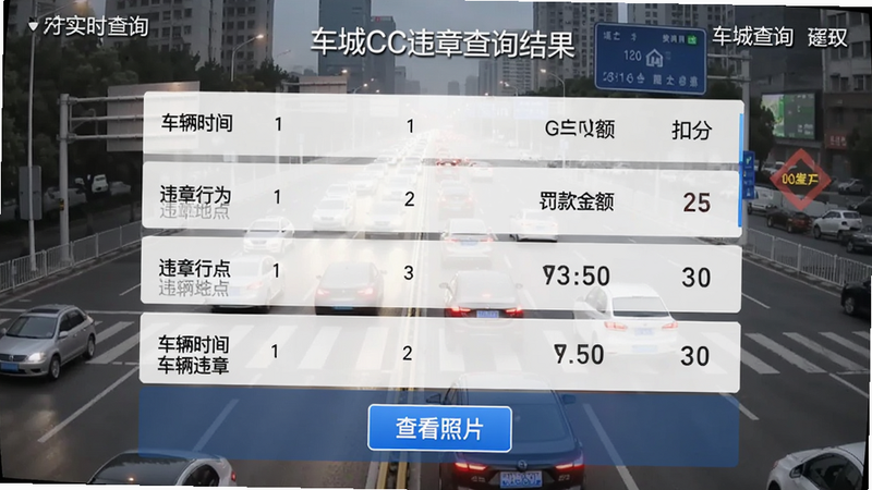 车城CC违章查询结果页面，展示车辆违章列表，每条记录包含时间、地点、违章行为、罚款金额和扣分，底部有“查看照片”按钮，背景为城市道路监控画面，突出实时查询功能。