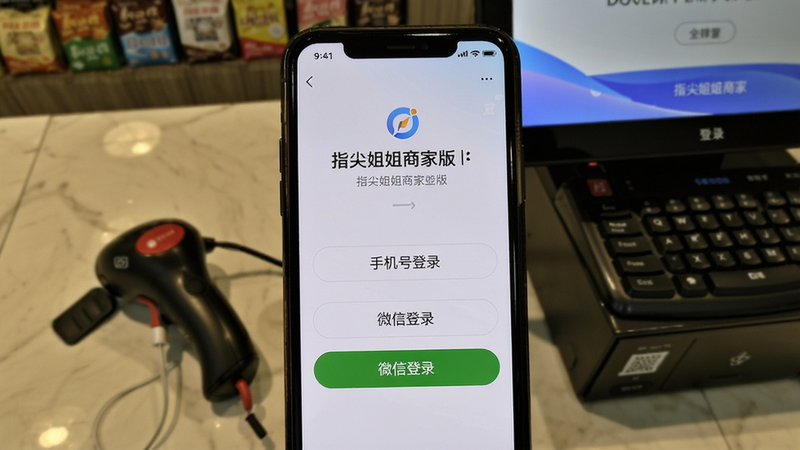 一张手机屏幕显示指尖姐姐商家版登录界面，下方有“手机号登录”和“微信登录”两个选项，背景为实体店铺收银台，桌上有扫码枪。画面清晰展现软件登录流程。