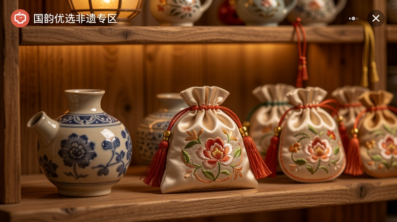 国韵优选非遗专区截图,展示手工陶瓷、刺绣香囊等商品,背景为木质货架与暖光氛围,商品细节清晰可见,整体画面温馨雅致,适合Boogu模型生成