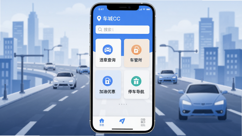 车城CC主界面预览图，展示手机屏幕上的应用首页，顶部有城市定位和搜索栏，中部是违章查询、车管所、加油优惠、停车导航四大功能卡片，底部是导航栏，背景为城市道路与汽车图标，整体风格简约现代，色彩以蓝色和白色为主，突出工具属性。