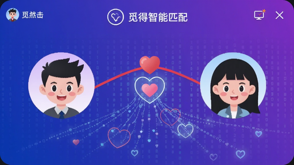觅得智能匹配界面，两个卡通头像通过红线连接，背景是数据流和心形，蓝紫色渐变，科技感与浪漫结合，横版