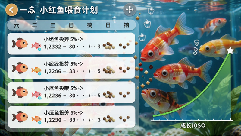 小红鱼喂食计划截图,界面显示一周投喂日历,每条记录附带小鱼图标和食物颗粒,画面右侧有成长曲线图,背景是鱼缸中鱼群争食的瞬间,色彩鲜艳,适配Boogu模型生成