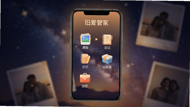 一张深色渐变背景的精美手机界面图,屏幕中央显示旧爱管家的主界面,柔和暖光笼罩,界面中有相册、日记、加密箱等图标,背景是模糊的星空与旧照片轮廓,整体氛围温馨而略带怀旧,突出软件名称“旧爱管家”字样。
