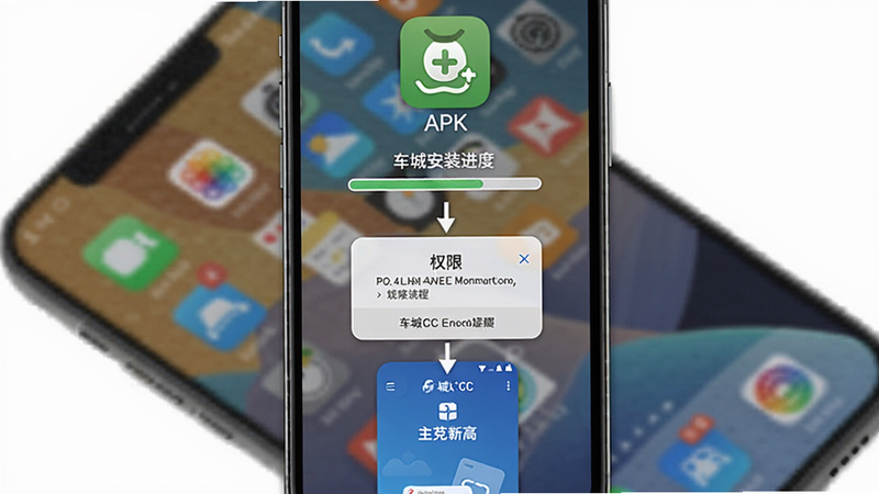 车城CC安装步骤示意图，展示手机屏幕从上到下依次显示：下载APK图标、安装进度条、权限弹窗、主界面，背景为手机桌面，突出安装流程。