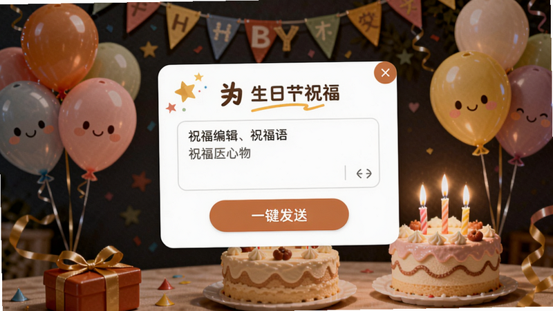 亲戚朋友家节日祝福界面,显示生日提醒弹窗,背景有气球和蛋糕装饰,祝福语编辑框,一键发送按钮,温馨可爱风格。