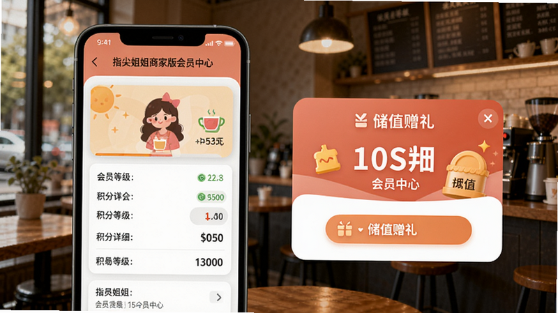 指尖姐姐商家版会员中心,手机屏幕上显示会员等级和积分明细,旁边有储值赠礼活动弹窗,背景为温馨的咖啡店场景