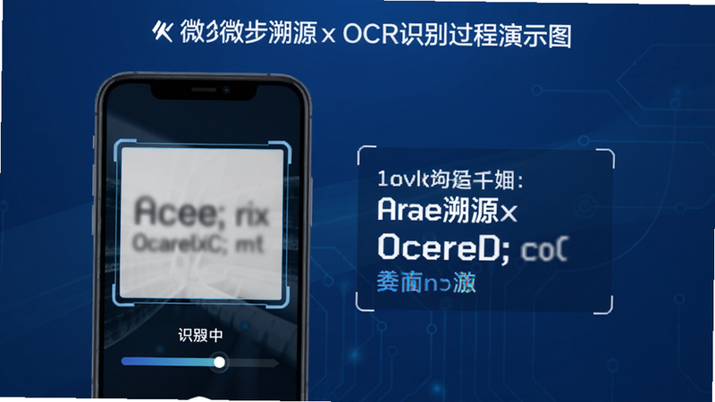 微步溯源x OCR识别过程演示图，手机界面显示一张带有模糊文字的图片被选中，正在识别中，进度条动画，旁边有识别出的清晰文字结果，背景为科技蓝，显示出高精度识别的效果，软件名称微步溯源x