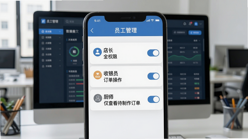 手机屏幕显示权限设置界面，顶部是“员工管理”标题，下方列出三个示例角色：店长（全权限）、收银员（订单操作）、厨师（仅查看待制作订单），每个角色右侧有开关按钮；背景为办公室环境，电脑屏幕隐约显示后台数据。画面体现分权管理的逻辑清晰。