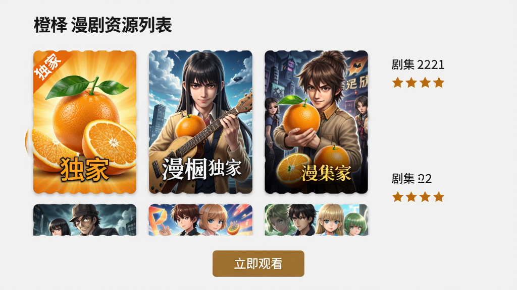 橙子漫剧资源列表页，展示多部漫剧封面，封面带有“独家”角标，右侧显示剧集数和评分，背景为浅灰色，文字清晰，画面底部有“立即观看”按钮，整体呈现整洁的浏览体验。