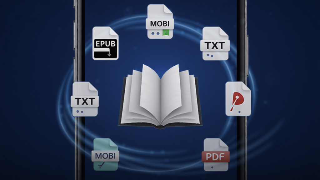 角端软件格式兼容界面,手机屏幕中显示多种文件格式图标(EPUB、MOBI、TXT、PDF)排列成环形,中心是一本打开的书,背景为深蓝渐变,光线柔和,强调快速加载的动感效果,Boogu生图