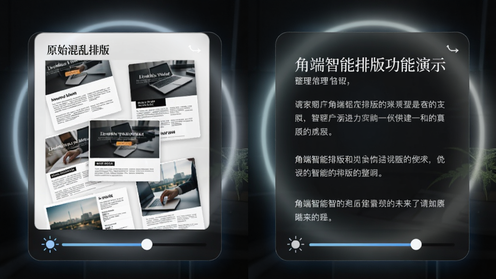 角端智能排版功能演示,左右分屏对比,左屏为原始混乱排版,右屏为整理后的清晰段落,字体美观,底部有亮度调节滑块,整体UI采用圆角卡片设计,背景带有微光晕,Boogu生成