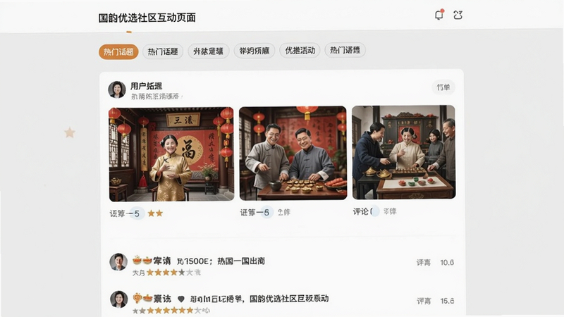 国韵优选社区互动页面,展示用户晒单图片和评论列表,上方有热门话题标签,背景为浅灰色,界面简洁清爽,适合Boogu模型生成