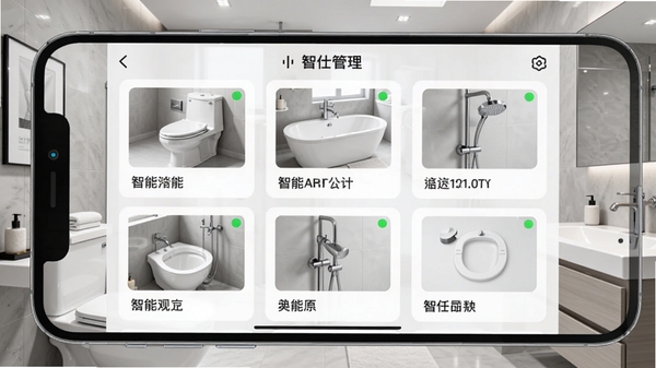 恩仕智慧浴室APP设备管理列表页截图风格图，画面中一部手机显示多个浴室设备卡片，包含智能马桶、浴缸、花洒等，每张卡片带有状态指示灯与名称标签，背景为浅灰色卫生间装修风格，突出软件界面UI设计，色调简洁，信息层级分明，强调设备统一管理的便捷性
